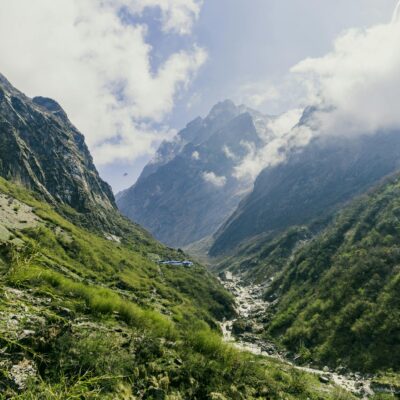 Breathtaking landscape of the Annapurna Range under a clear sky in Koshi Province, Nepal.